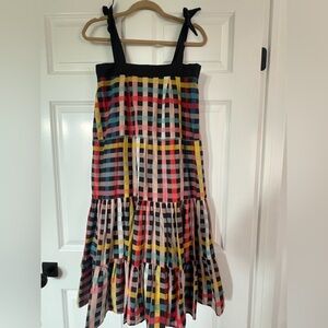 CAROLINA K. Rainbow checkered print midi sundress with tied straps